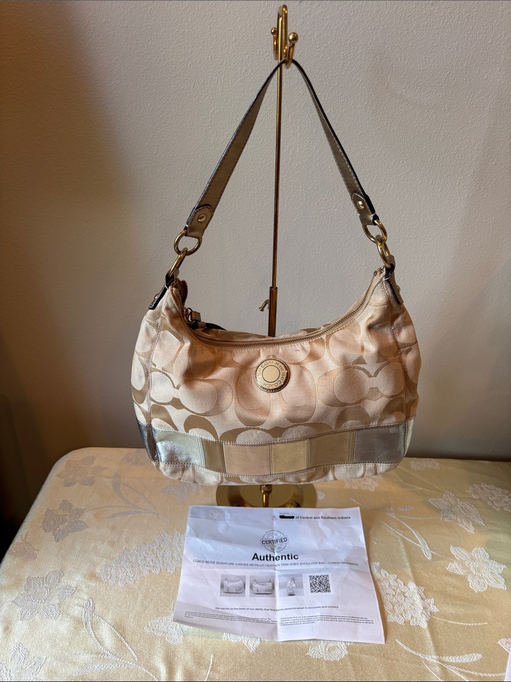 Coach Satin Signature Shoulder Bag in Champagne and Metallic with COA